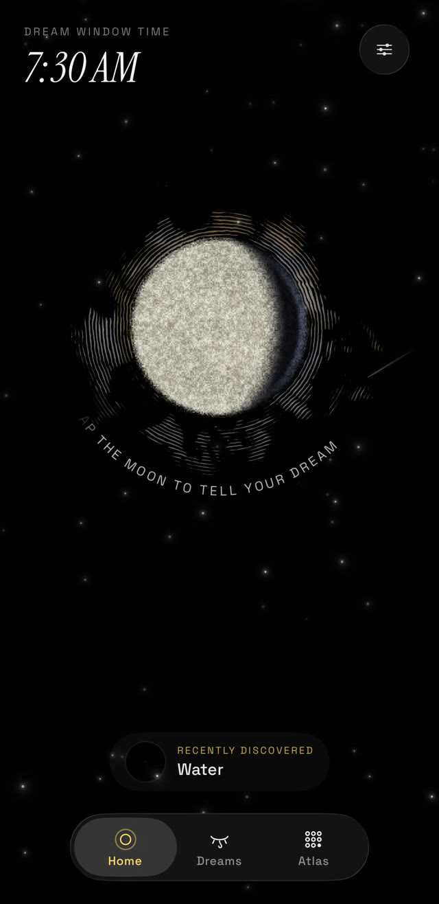 Dream Window home screen with a moon, morning alarm, recent dream symbol, and navigation to the dream journal and Atlas